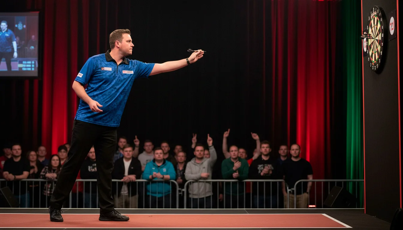 Dartsspeler gooit pijlen op het podium tijdens een WK Darts wedstrijd
