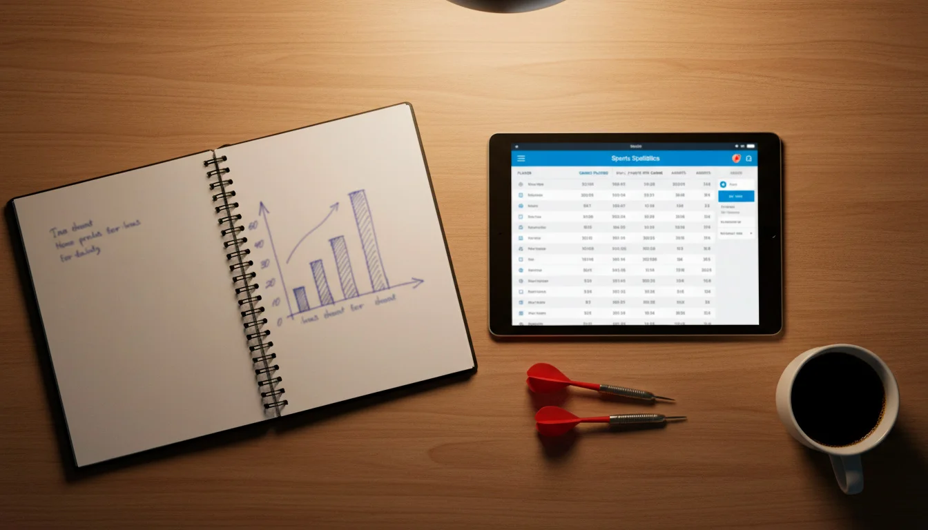 Notitieblok met dartsstatistieken en wedstrategie aantekeningen