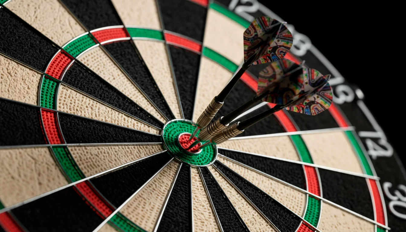 Close-up van een dartsbord met pijlen in de triple twintig