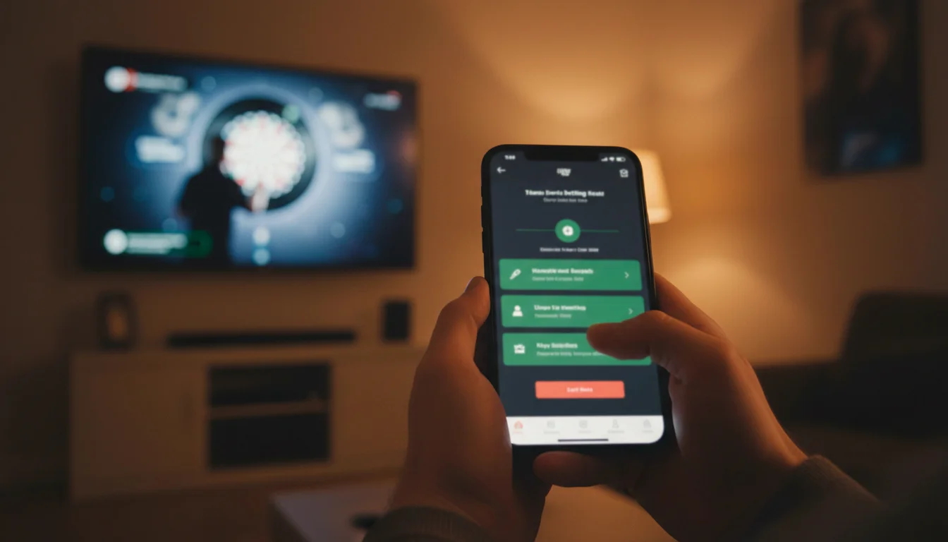 Persoon volgt een live dartswedstrijd op een smartphone met wedoverzicht