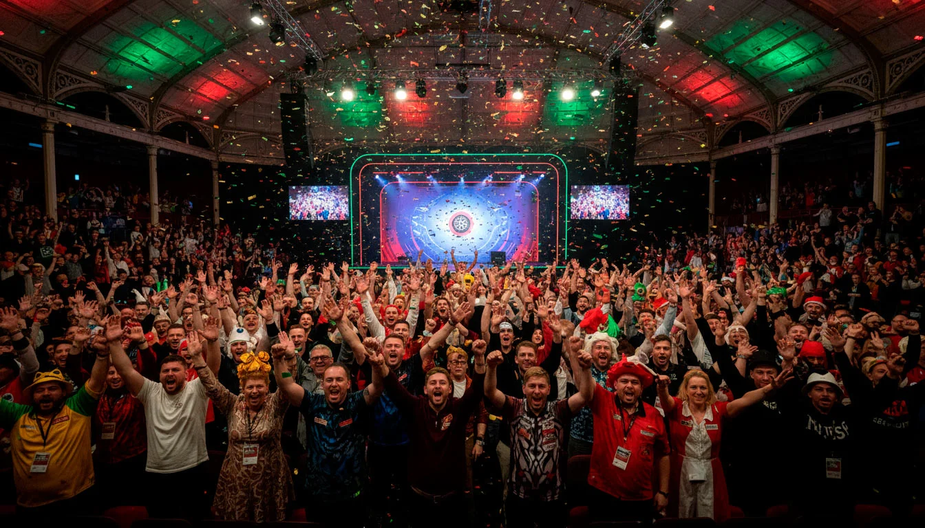 Feestelijk publiek in kostuums juicht tijdens het WK Darts in Ally Pally
